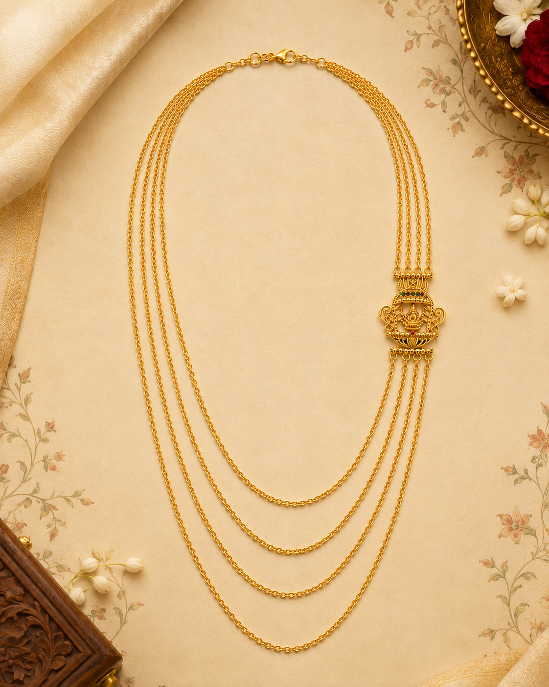 Gold 4-Layer Chain Necklace with Lakshmi Side Pendant | LLB0225