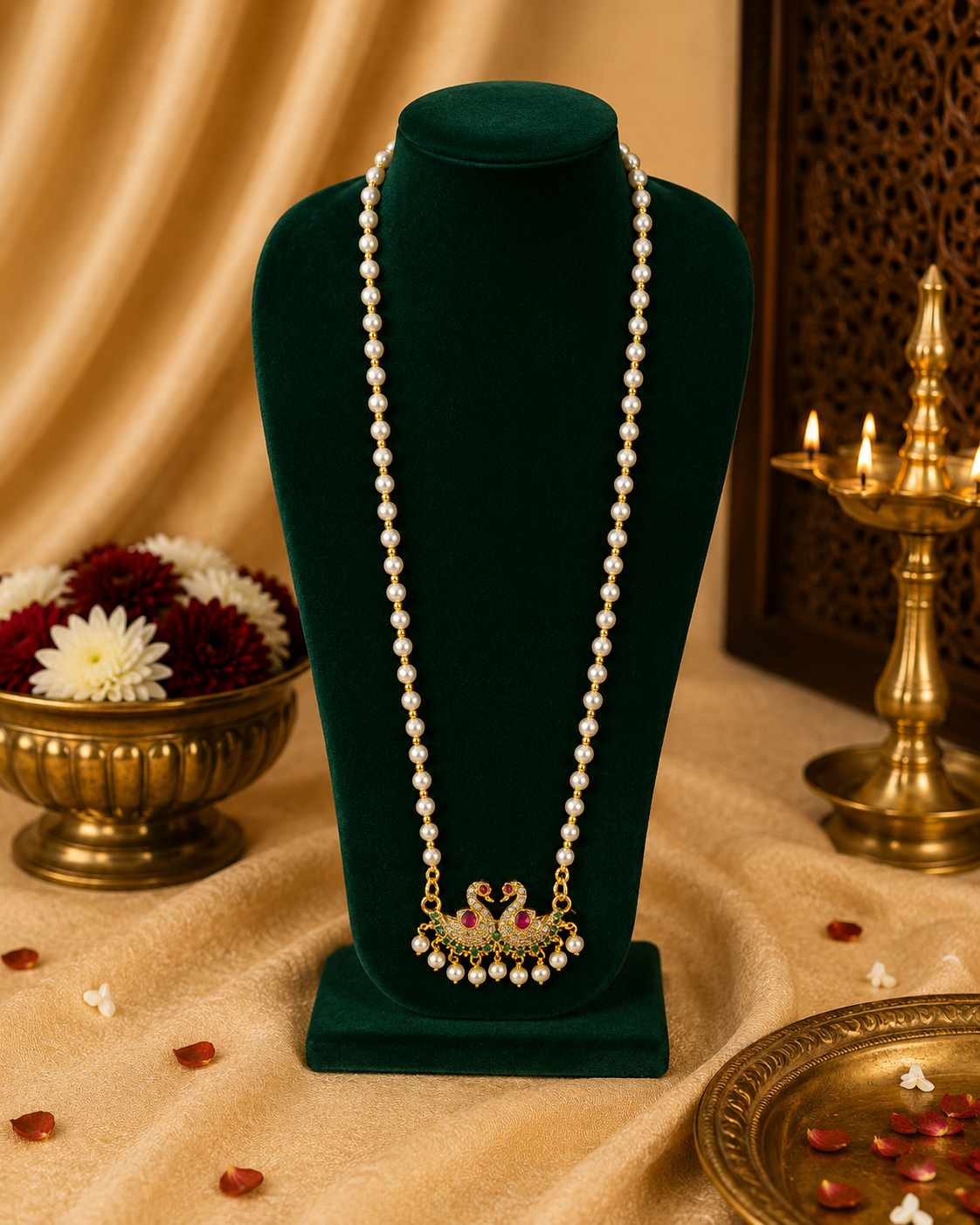 Single Strand Pearl Necklace with Antique Gold Double Peacock Pendant | LLB0230