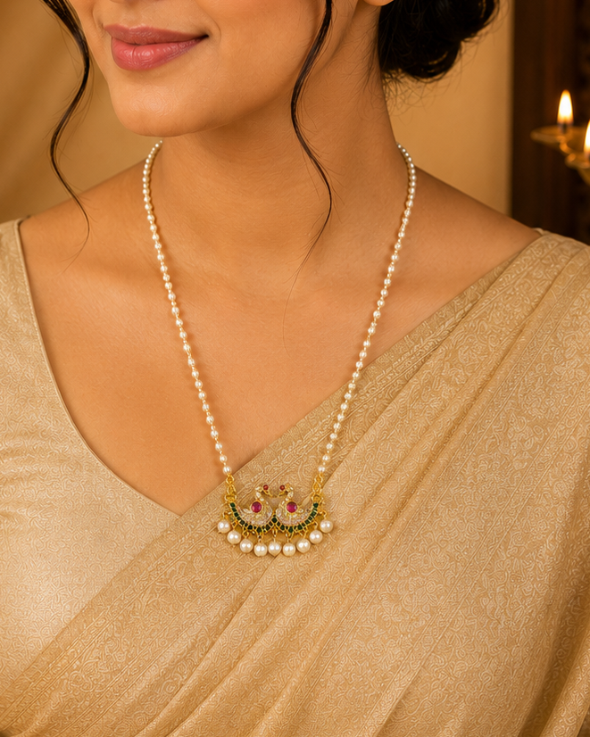Single Strand Pearl Necklace with Antique Gold Double Peacock Pendant | LLB0230