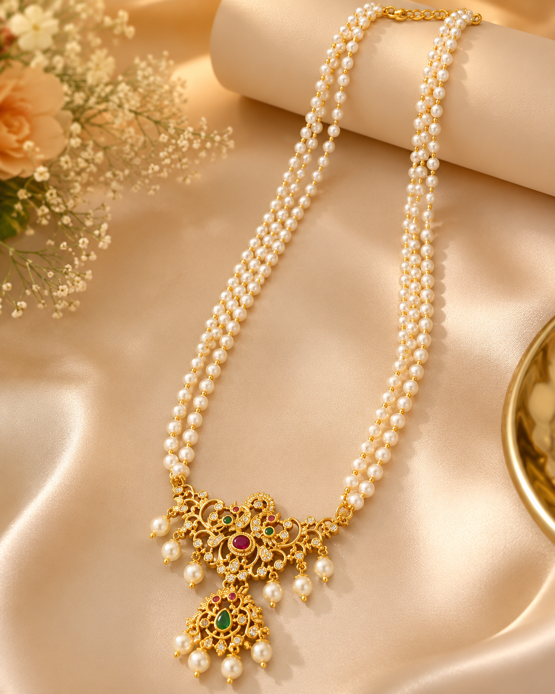 Triple Strand Pearl Necklace with Antique Gold Filigree Pendant | LLB0235