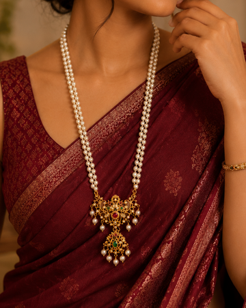 Triple Strand Pearl Necklace with Antique Gold Filigree Pendant | LLB0235