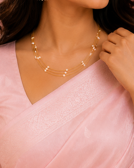 Triple Strand Gold Chain Necklace with Pearl Stations | LLB0236
