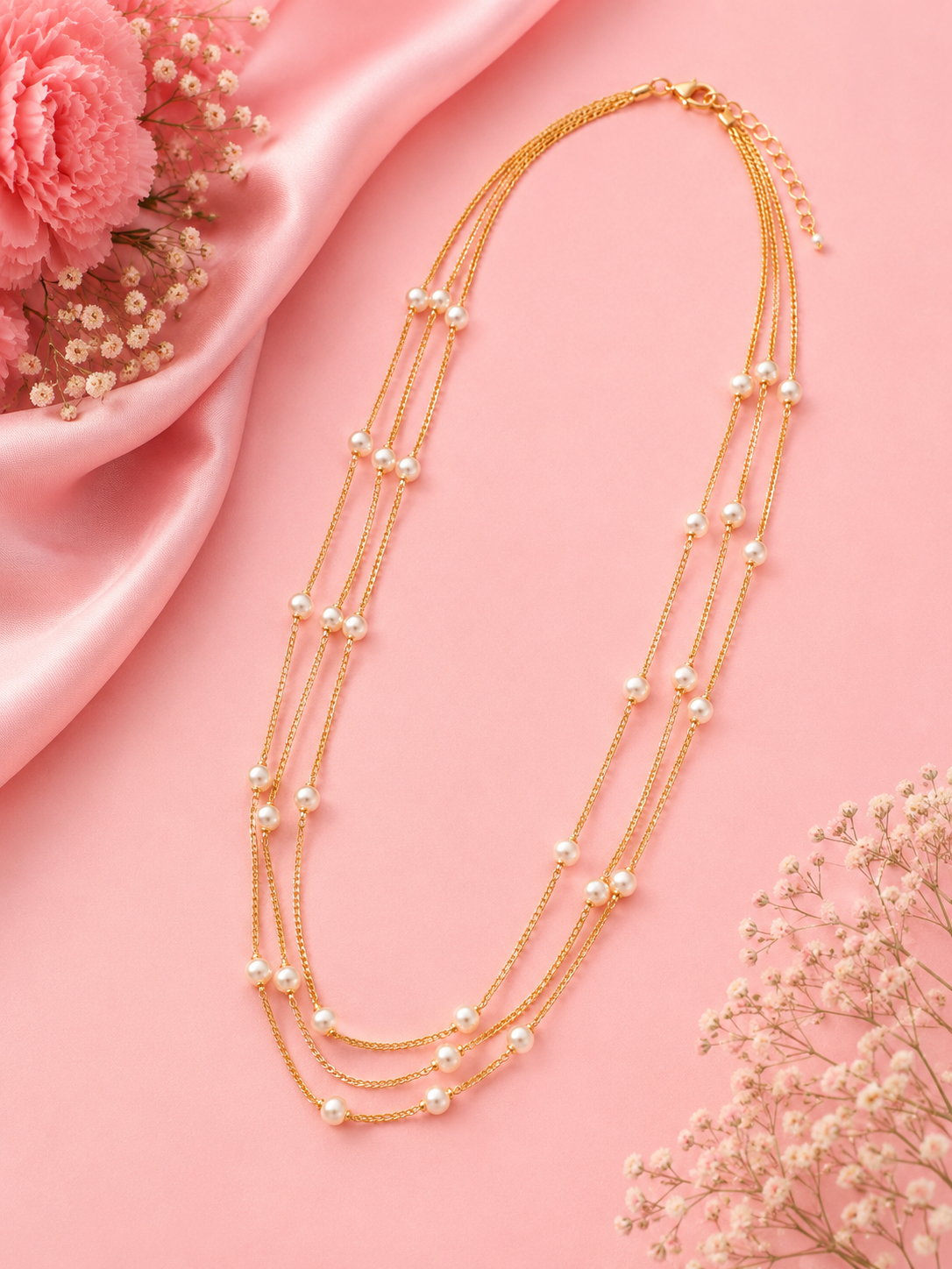 Triple Strand Gold Chain Necklace with Pearl Stations | LLB0236