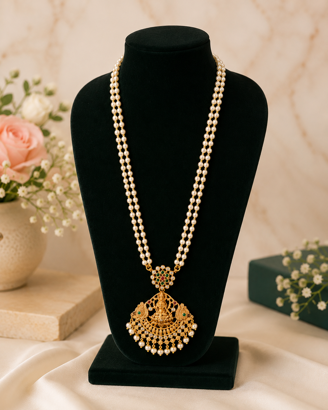 Double Strand Pearl Necklace with Antique Gold Lakshmi Peacock Pendant | LLB0232