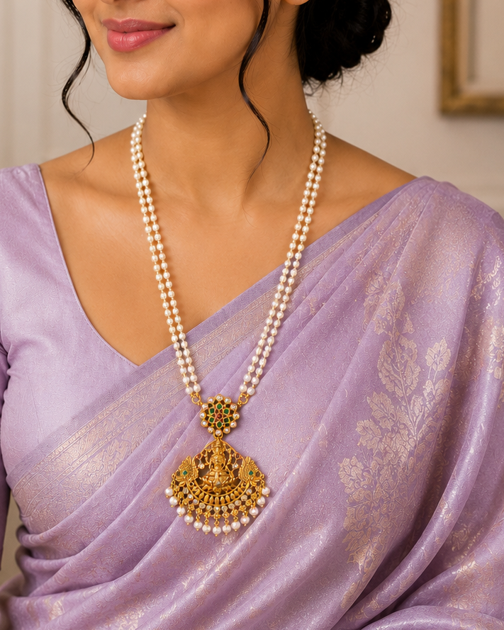 Double Strand Pearl Necklace with Antique Gold Lakshmi Peacock Pendant | LLB0232