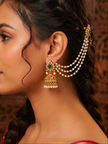 Gold Jhumka Earrings with Emerald Stone & Pearl Chain Ear Cuff | LLB0238