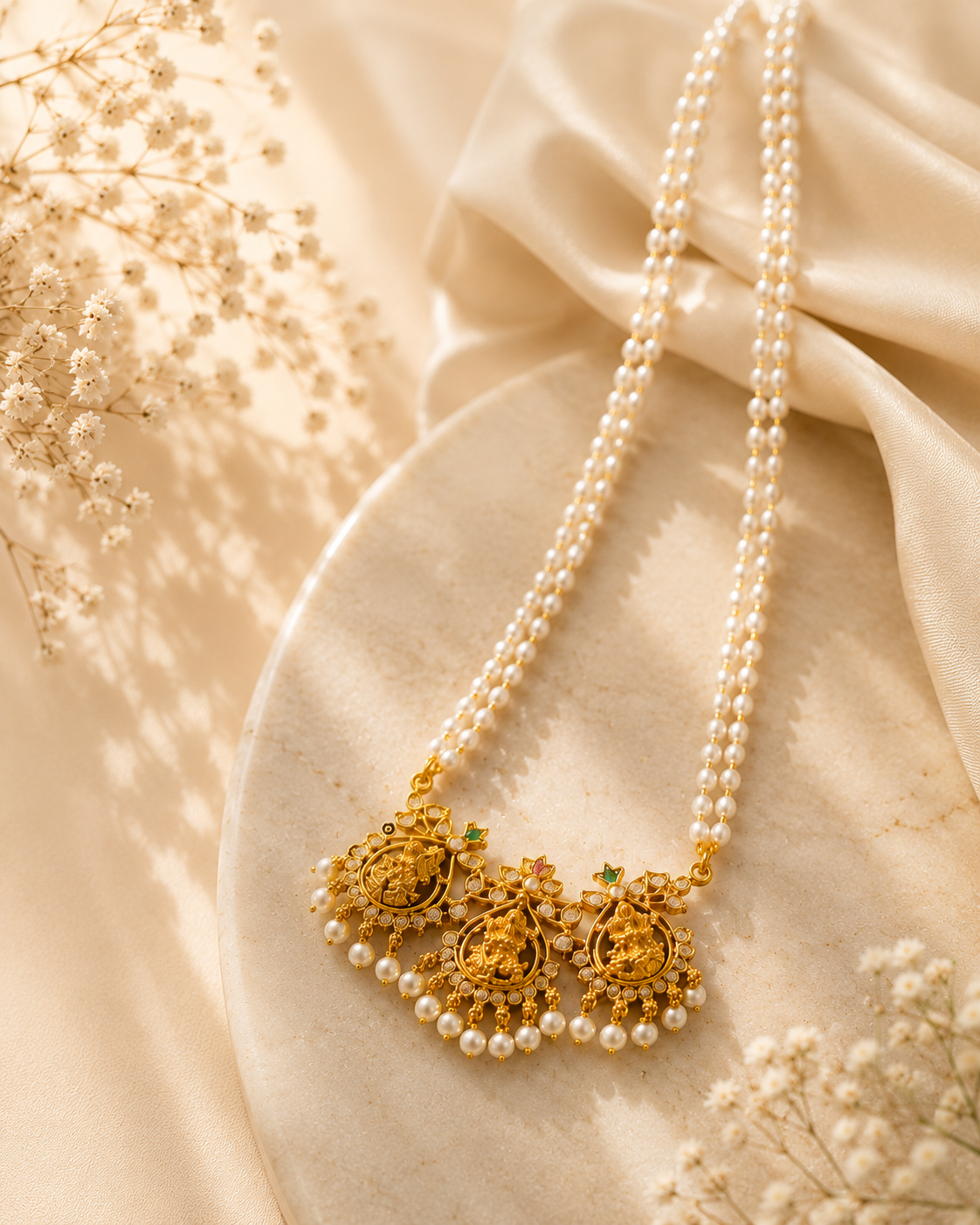 Double Strand Pearl Necklace with Twin Antique Gold Lakshmi Pendants | LLB0233