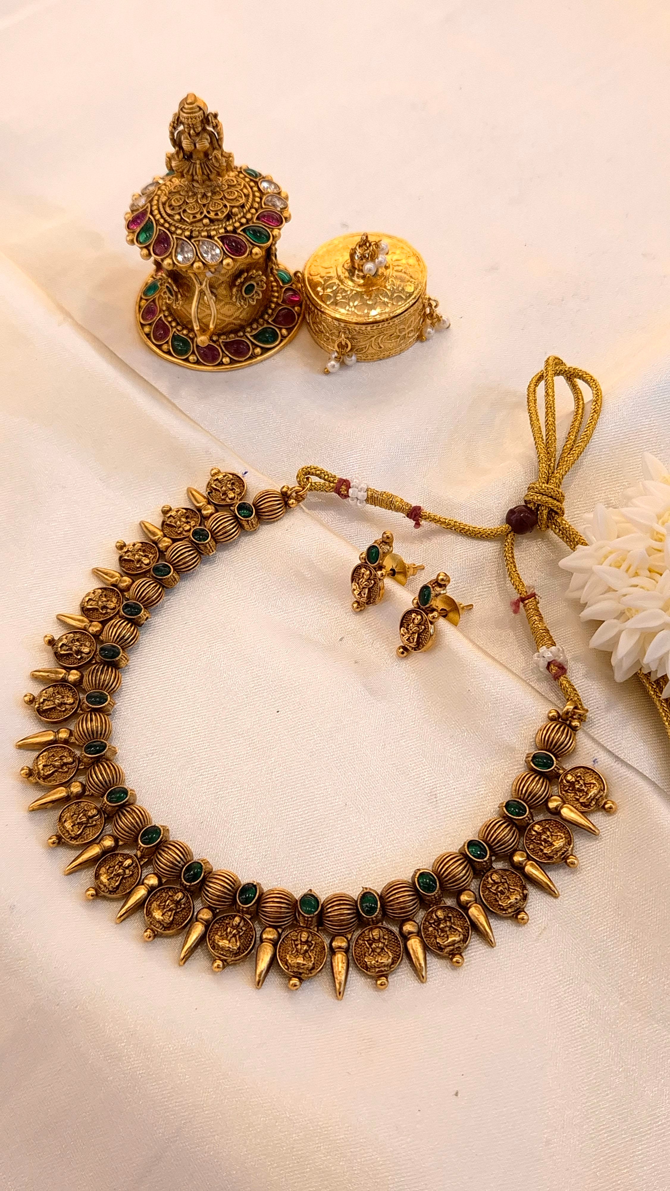Antique Temple Coin Necklace with Green Stones