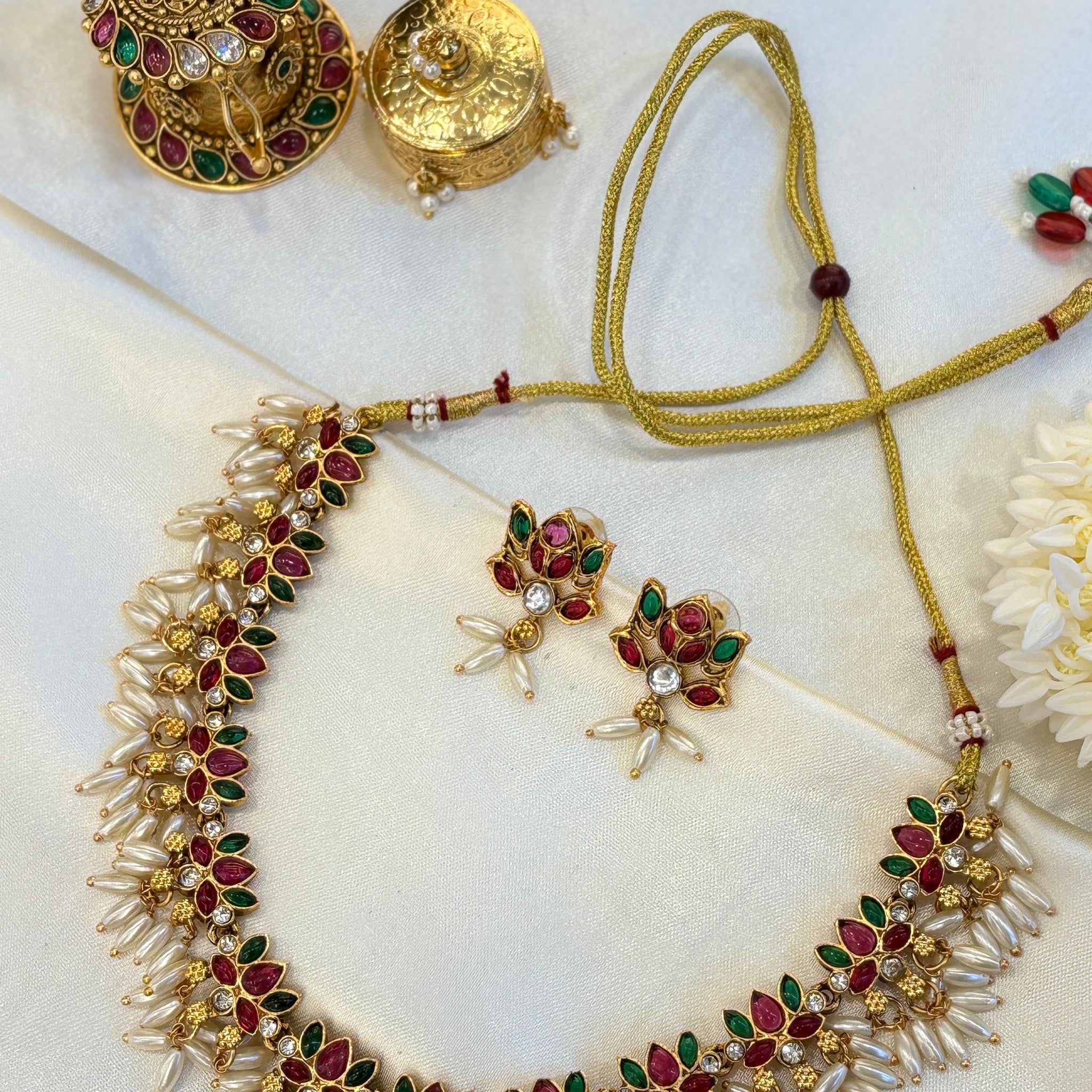 Antique Gold  Lotus Guttapusalu Kemp Necklace with Pearl Clusters