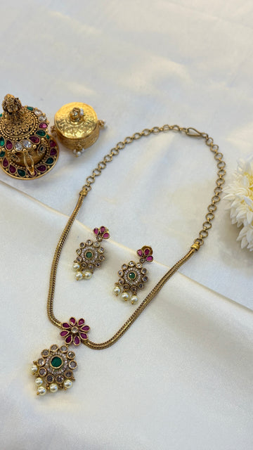 Antique Gold Attigai Necklace with kemp stones and pearl drops
