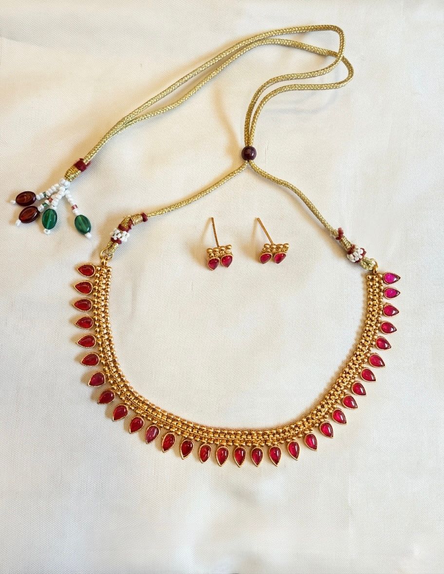 Antique Gold Choker Set with Ruby Red Stones & Stud Earrings | Llabel Fashion | llb949