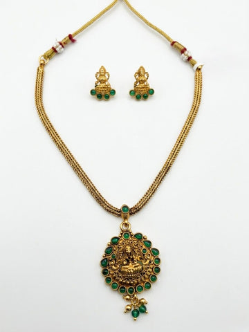 Antique Gold Lakshmi Temple Necklace Set with Emerald Stones & Earrings | llb950