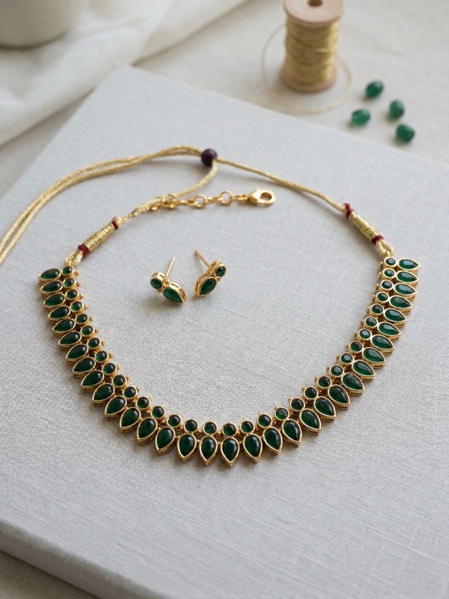 Antique Gold Emerald Green Stone Choker Necklace Set with Stud Earrings | llb952