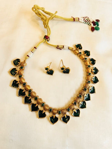 Antique Gold Choker Set with Green Leaf Motifs & Stud Earrings | llb953