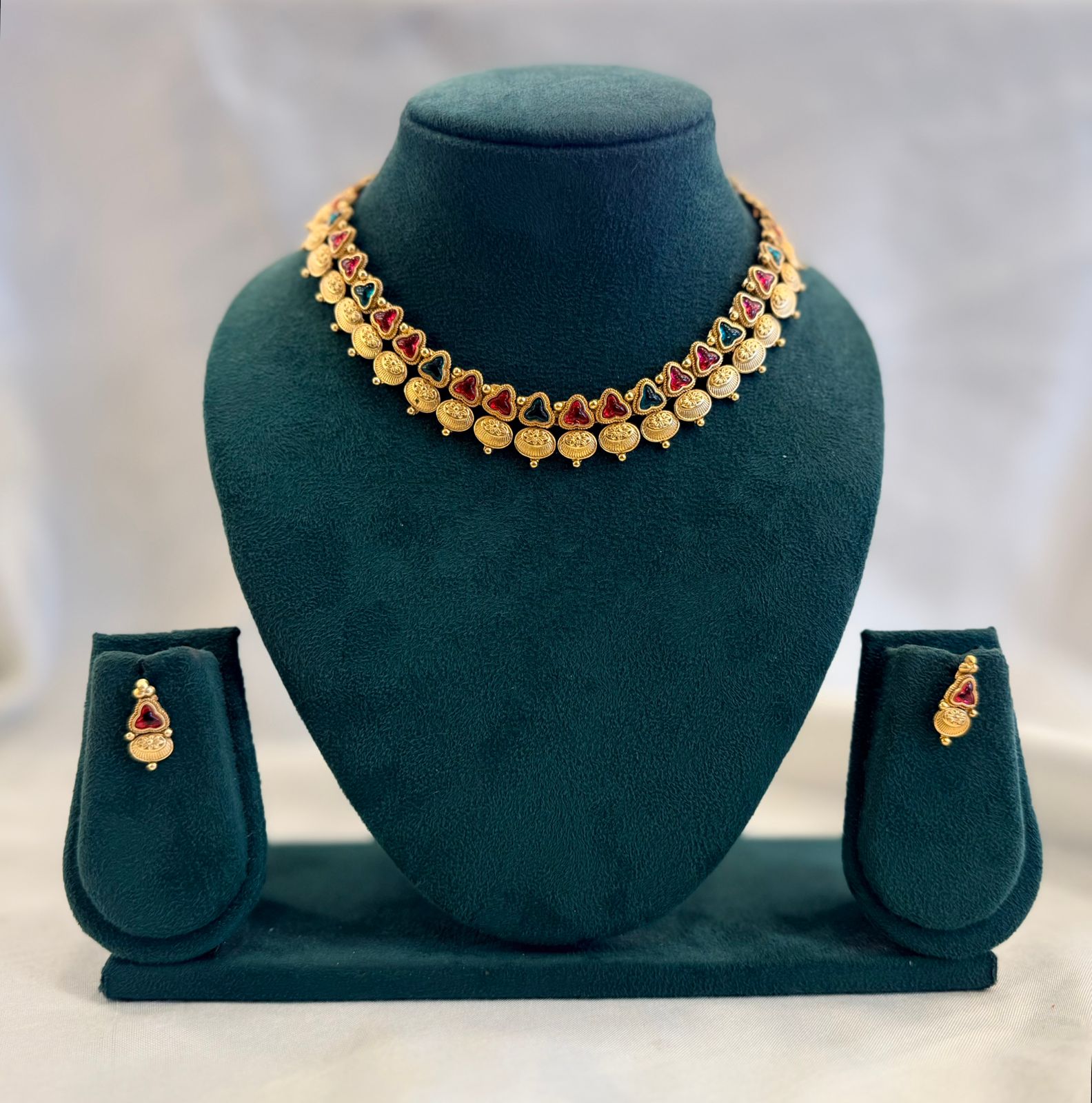Antique Gold Kasu Coin Choker with Ruby & Emerald Triangle Stones & Stud Earrings| llb954