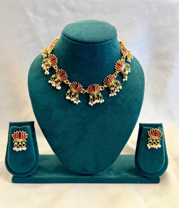 Gold Lotus Enamel Choker Necklace Set with Pearl Drops & Stud Earrings | llb955