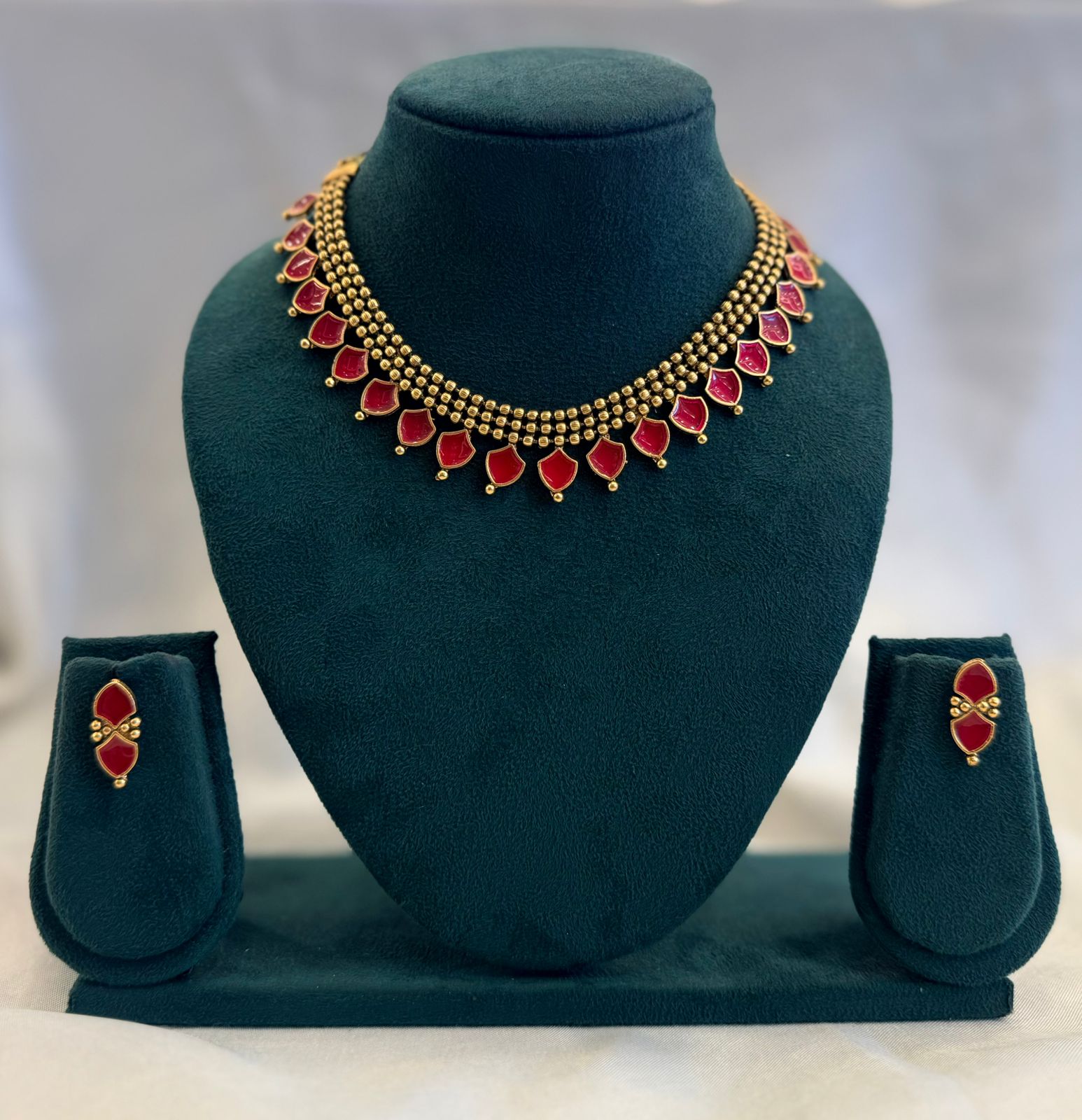 Antique Gold Ghungroo Bead Choker with Ruby Red Petal Drops & Stud Earrings | llb956