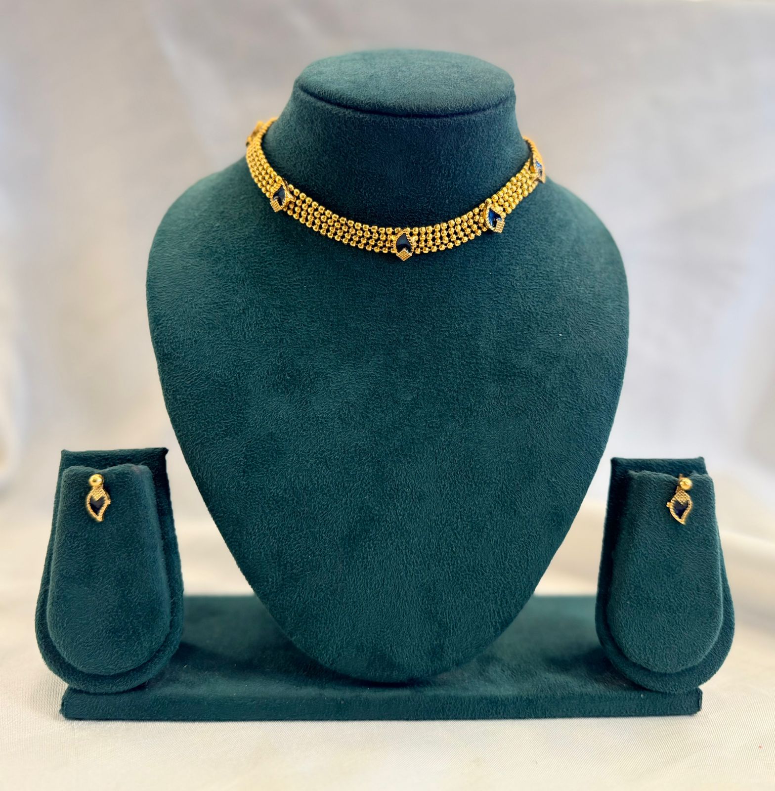 Antique Gold Ghungroo Bead Choker with Blue Sapphire Diamond Stones & Stud Earrings | llb958