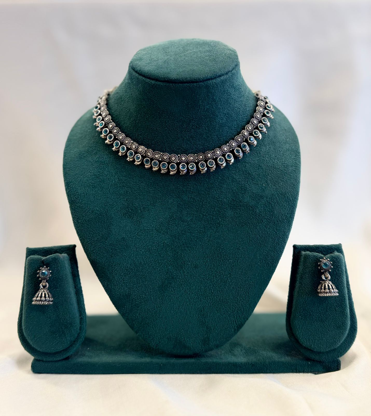 Oxidised Silver Teal Stone Floral Choker Necklace Set with Jhumka Earrings | llb959