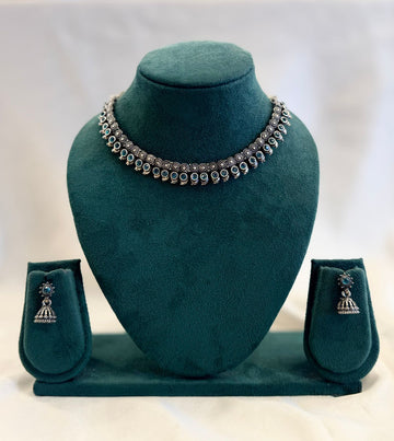 Oxidised Silver Teal Stone Floral Choker Necklace Set with Jhumka Earrings | llb959