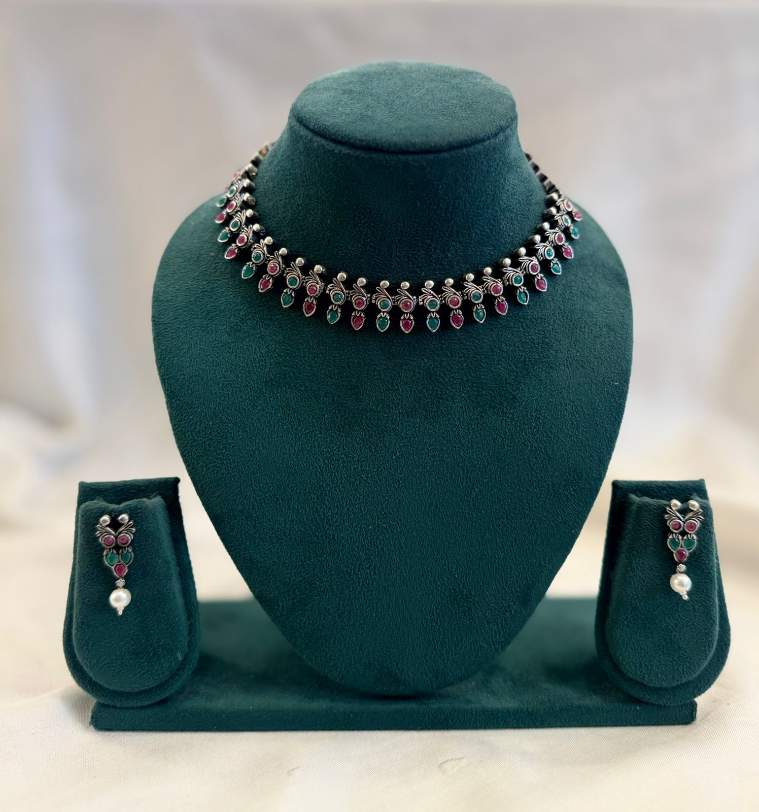 Oxidised Silver Ruby & Emerald Leaf Choker Necklace Set with Pearl Drop Earrings | llb960