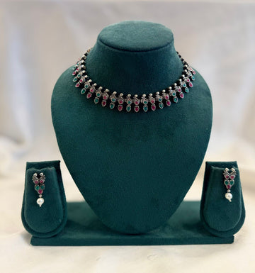 Oxidised Silver Ruby & Emerald Leaf Choker Necklace Set with Pearl Drop Earrings | llb960