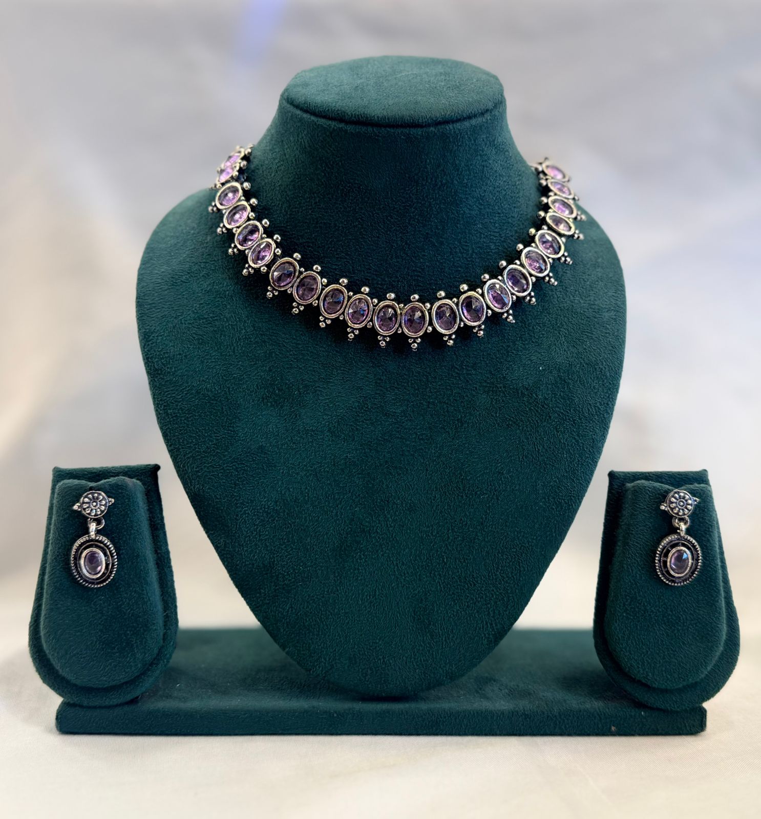 Oxidised Silver Amethyst Purple Stone Choker Necklace Set with Drop Earrings | llb961