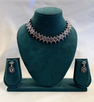 Oxidised Silver Amethyst Purple Stone Choker Necklace Set with Drop Earrings | llb961
