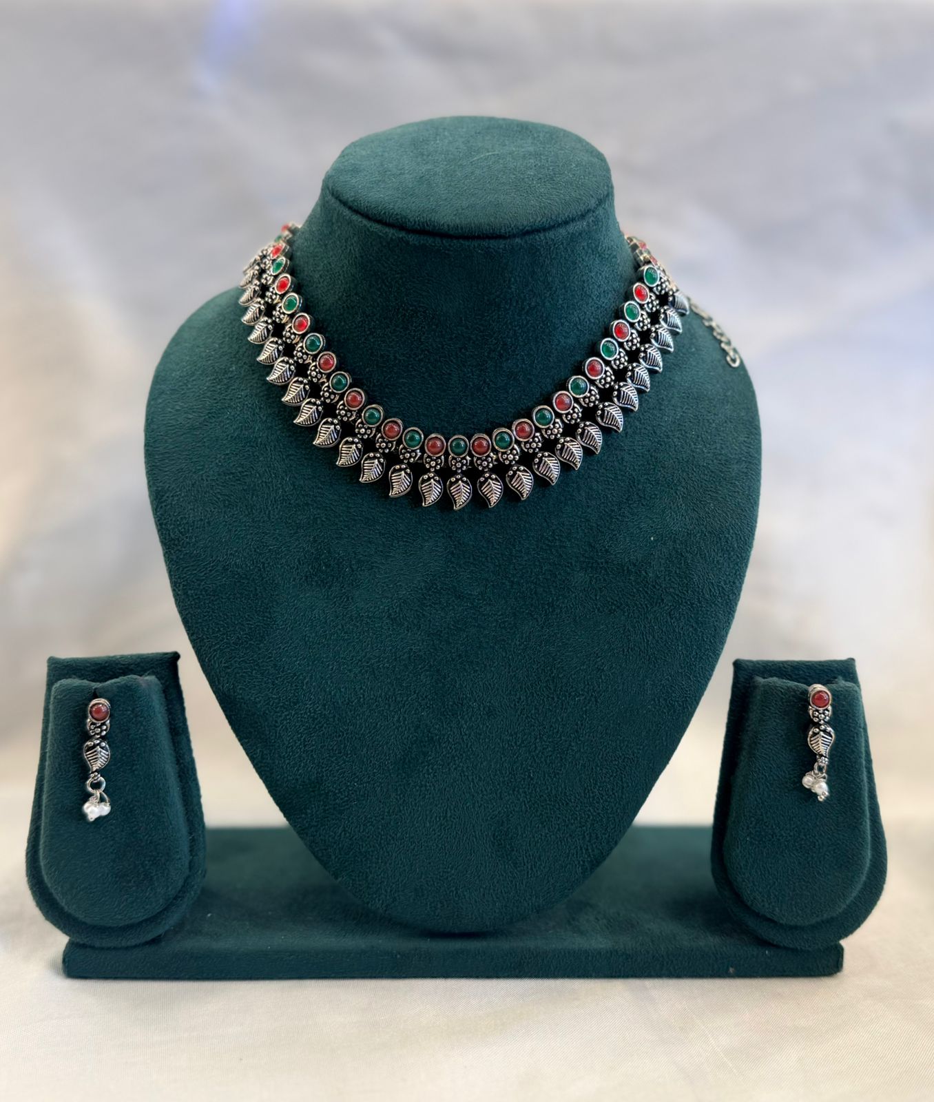 Oxidised Silver Leaf Choker Necklace Set with Ruby & Emerald Stones & Drop Earrings | llb962