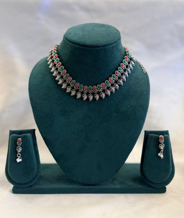 Oxidised Silver Leaf Choker Necklace Set with Ruby & Emerald Stones & Drop Earrings | llb962