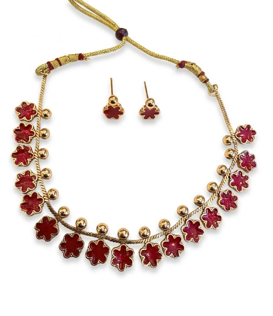 Antique Gold Red Flower Enamel Choker Necklace Set with Stud Earrings | llb964