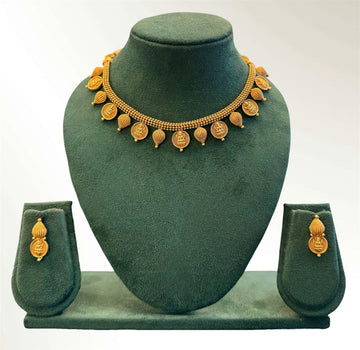 Antique Gold Lakshmi Temple Coin & Ribbed Bead Drop Necklace Set with Drop Earrings | llb966