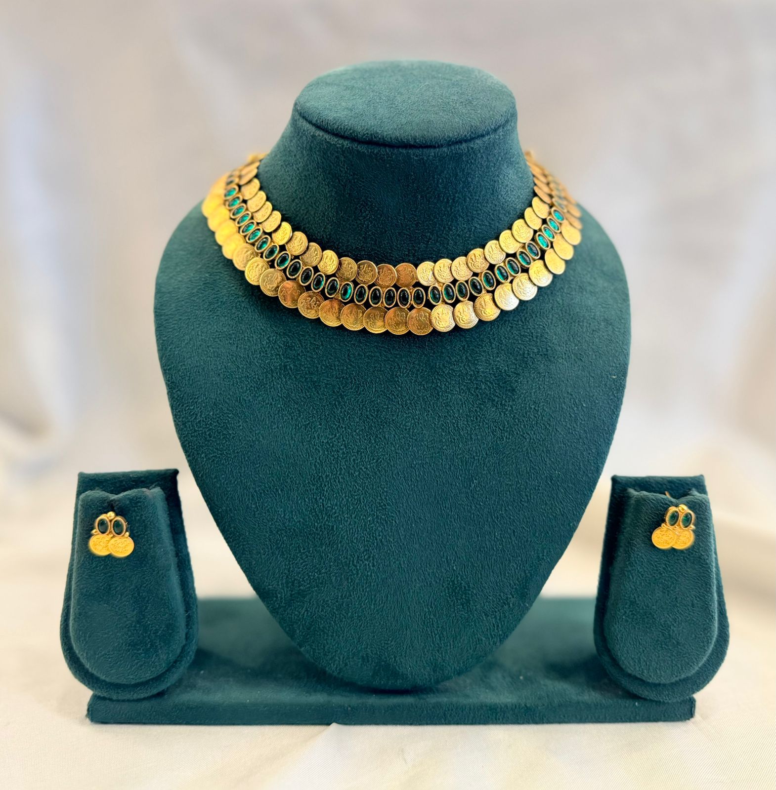 Antique Gold Double Row Kasu Coin Choker with Emerald Oval Stones & Coin Earrings | llb968