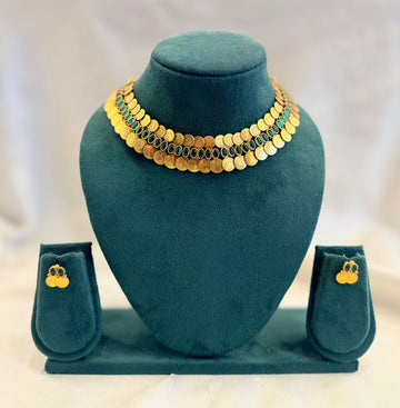 Antique Gold Double Row Kasu Coin Choker with Emerald Oval Stones & Coin Earrings | llb968
