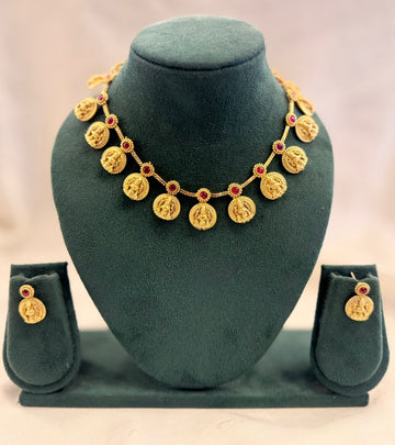 Antique Gold Lakshmi Temple Coin Necklace Set with Ruby Stones & Coin Drop Earrings | llb969
