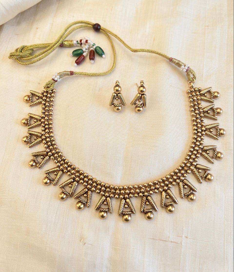 Antique Gold Triangle Ghungroo Choker Necklace Set with Jhumka Earrings | llb987