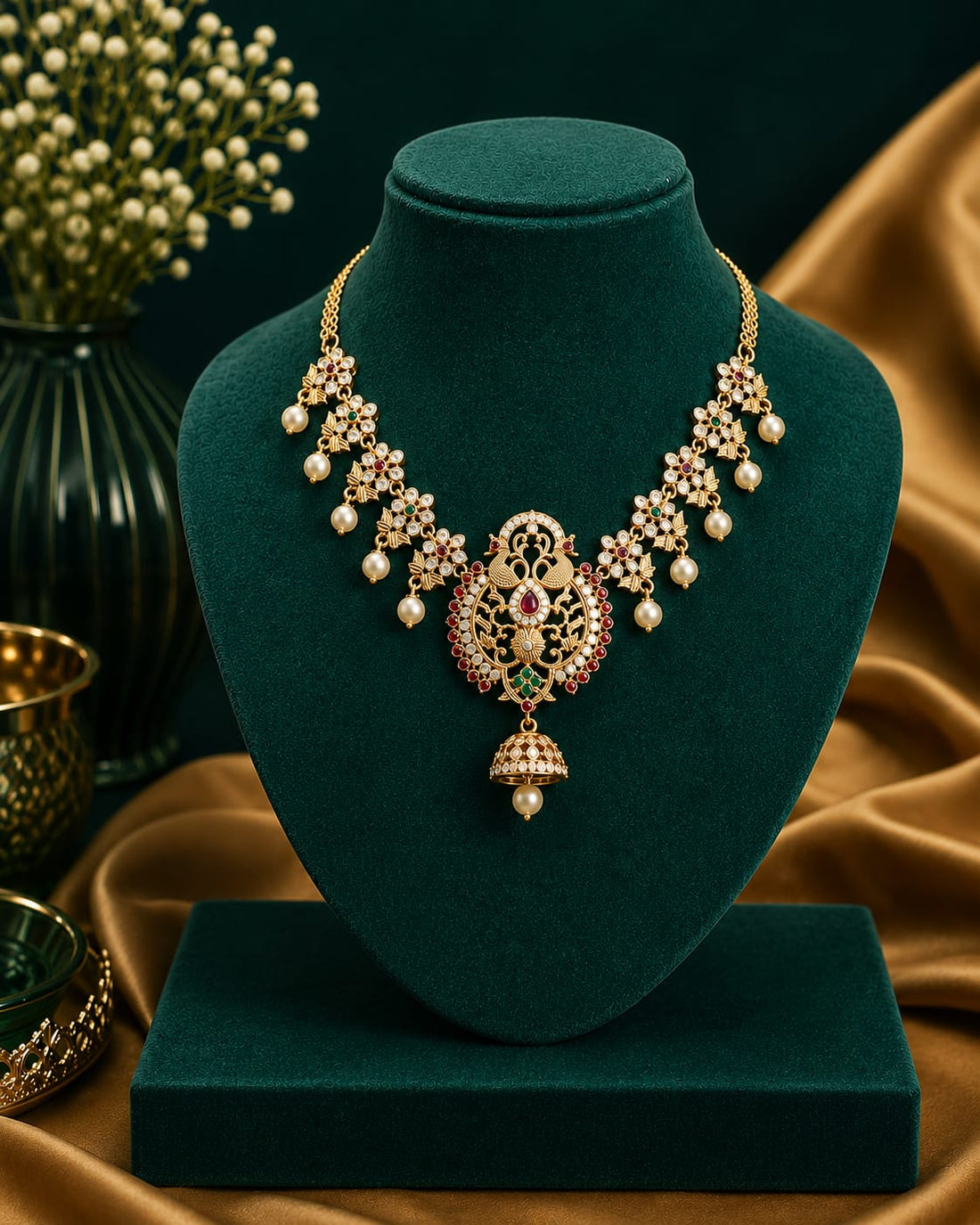 Gold Nakshi Peacock Floral Necklace with Jhumka Pendant | LLB0268