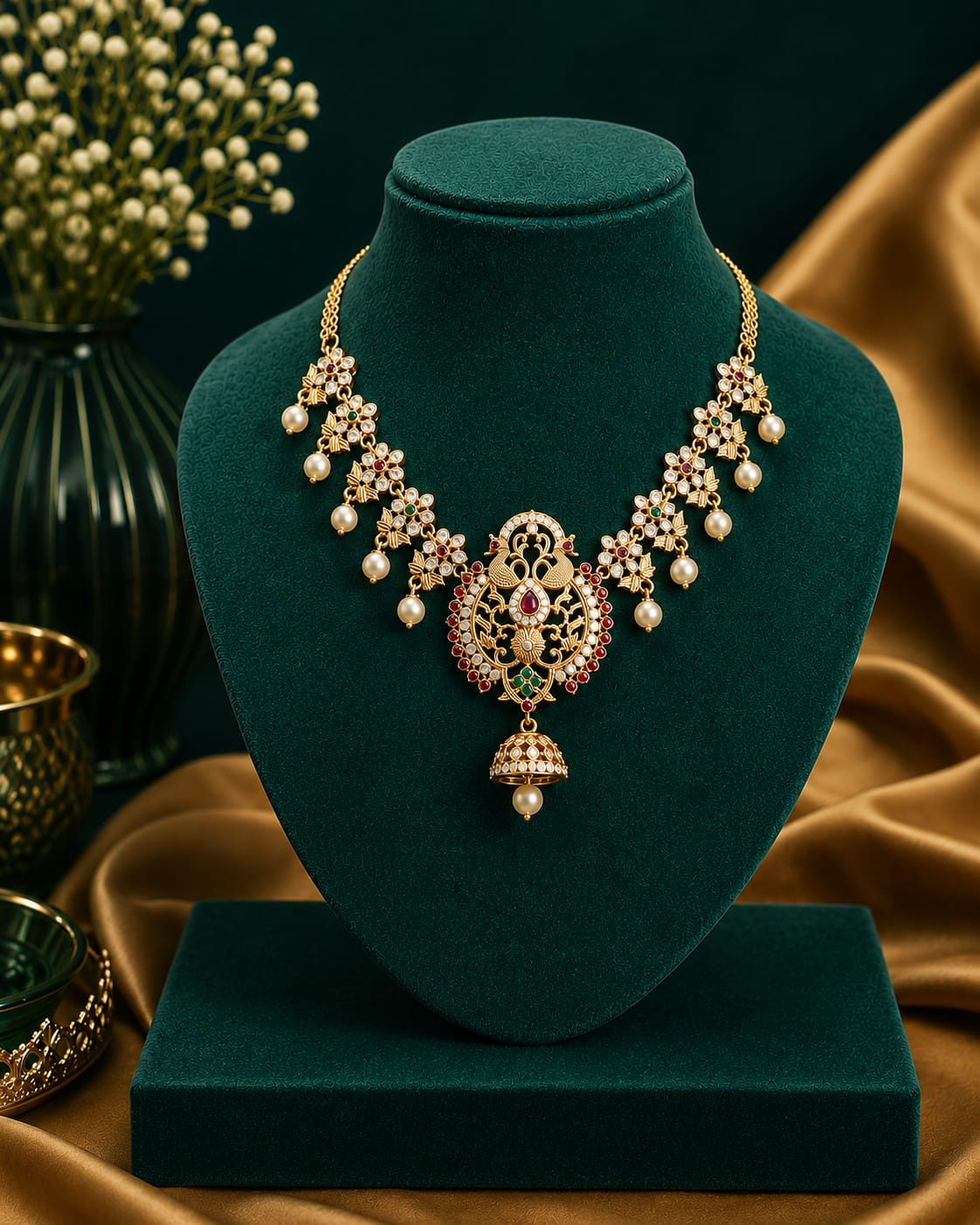 Gold Nakshi Peacock Floral Necklace with Jhumka Pendant | LLB0268