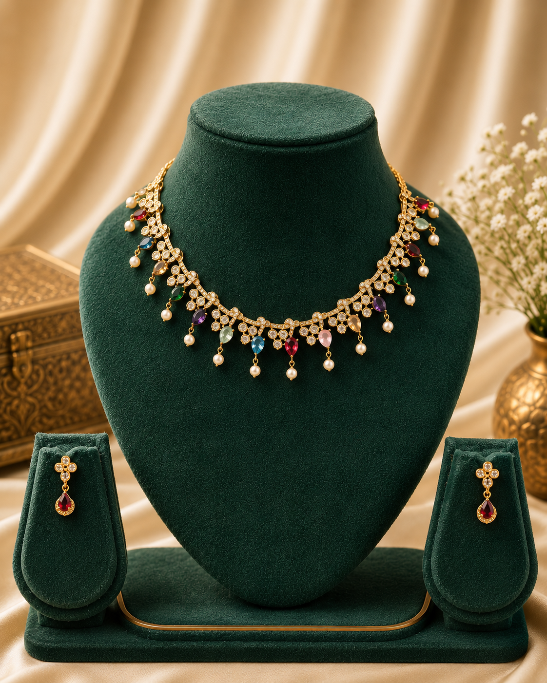 Gold CZ Multicolour Gemstone Fringe Choker Necklace Set | LLB0269