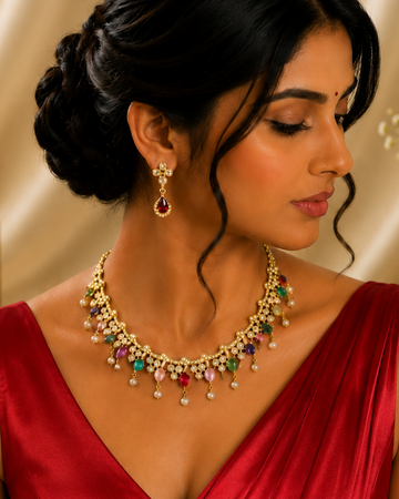 Gold CZ Multicolour Gemstone Fringe Choker Necklace Set | LLB0269