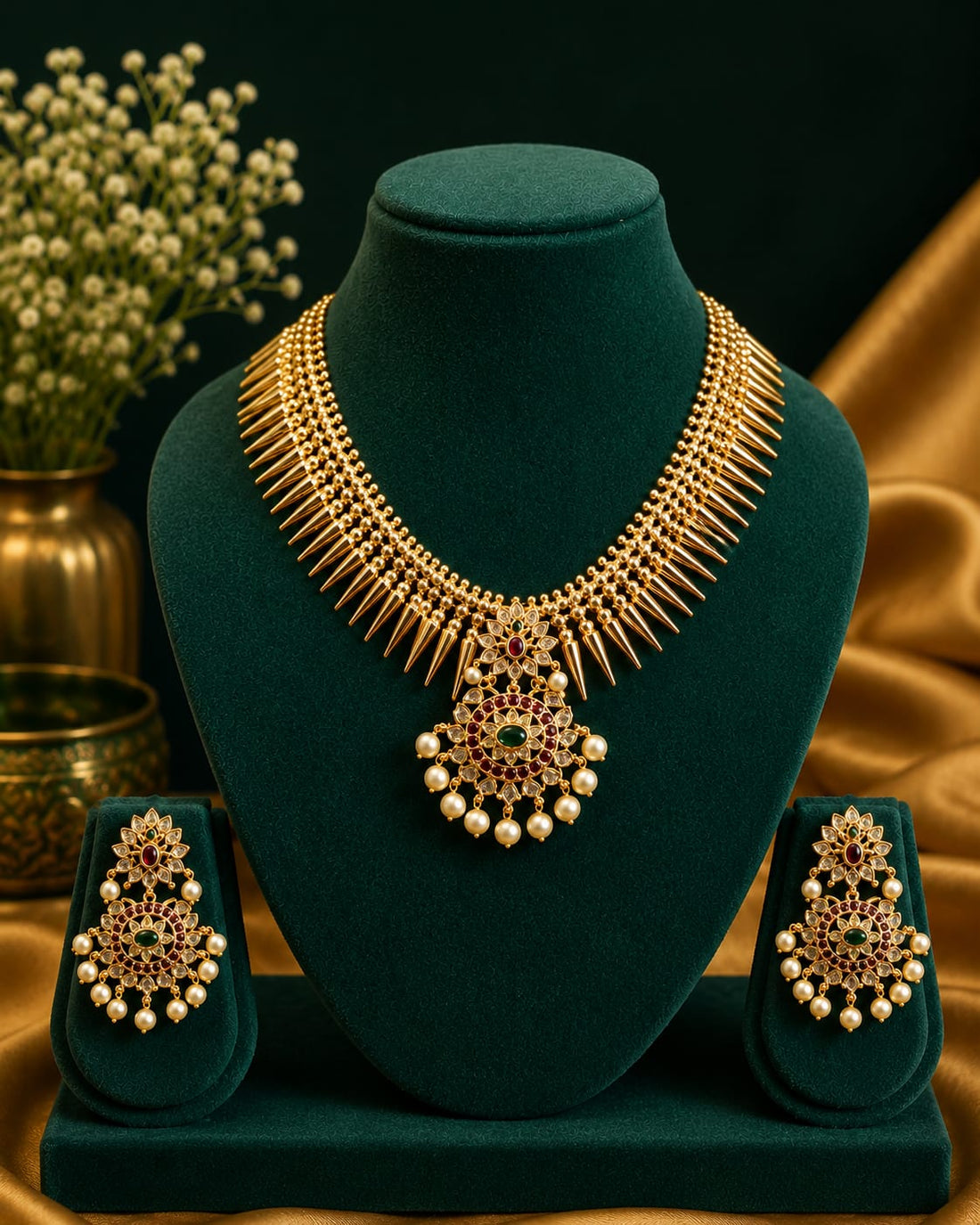 Gold Mullaipoo Spike Necklace Set with Kemp Pendant | LLB0270