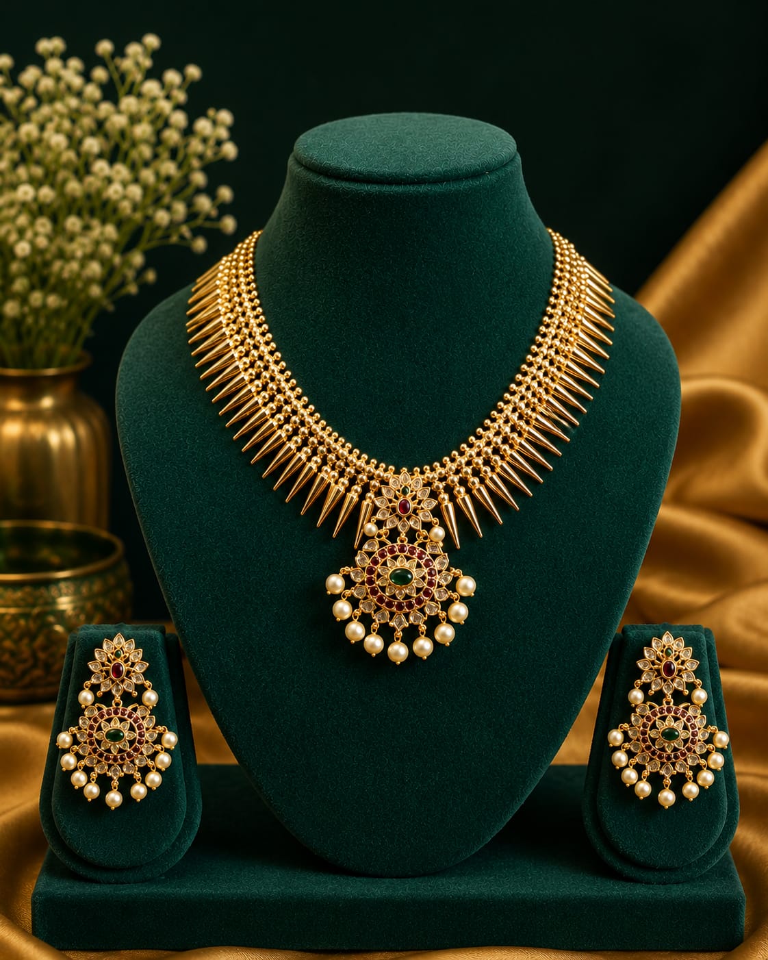 Gold Mullaipoo Spike Necklace Set with Kemp Pendant | LLB0270