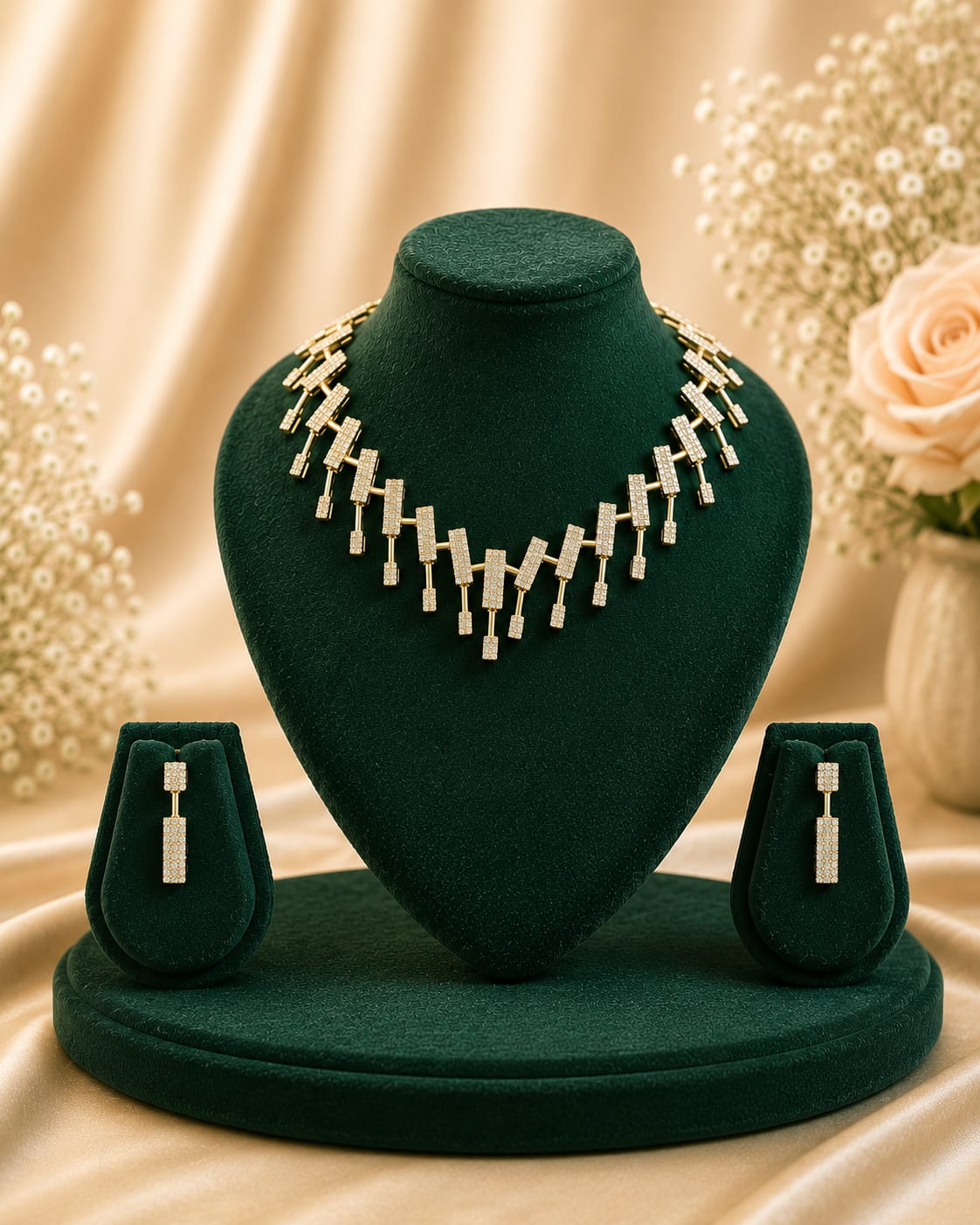 Gold CZ Diamond Geometric Bar Fringe Necklace Set | LLB0271