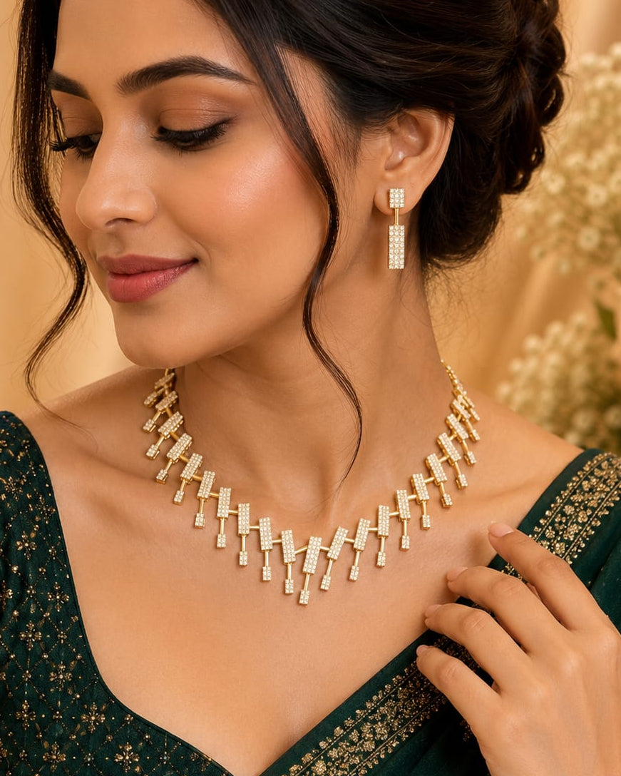 Gold CZ Diamond Geometric Bar Fringe Necklace Set | LLB0271