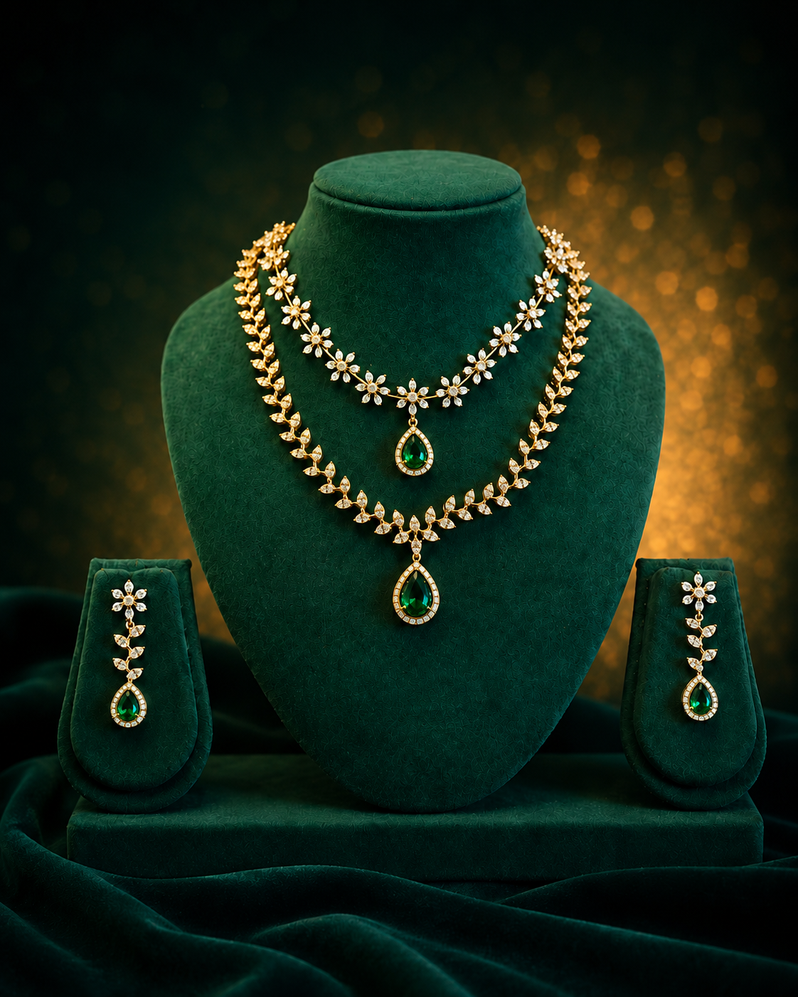 Gold CZ Diamond Double Layer Floral Vine Necklace Set | LLB0272