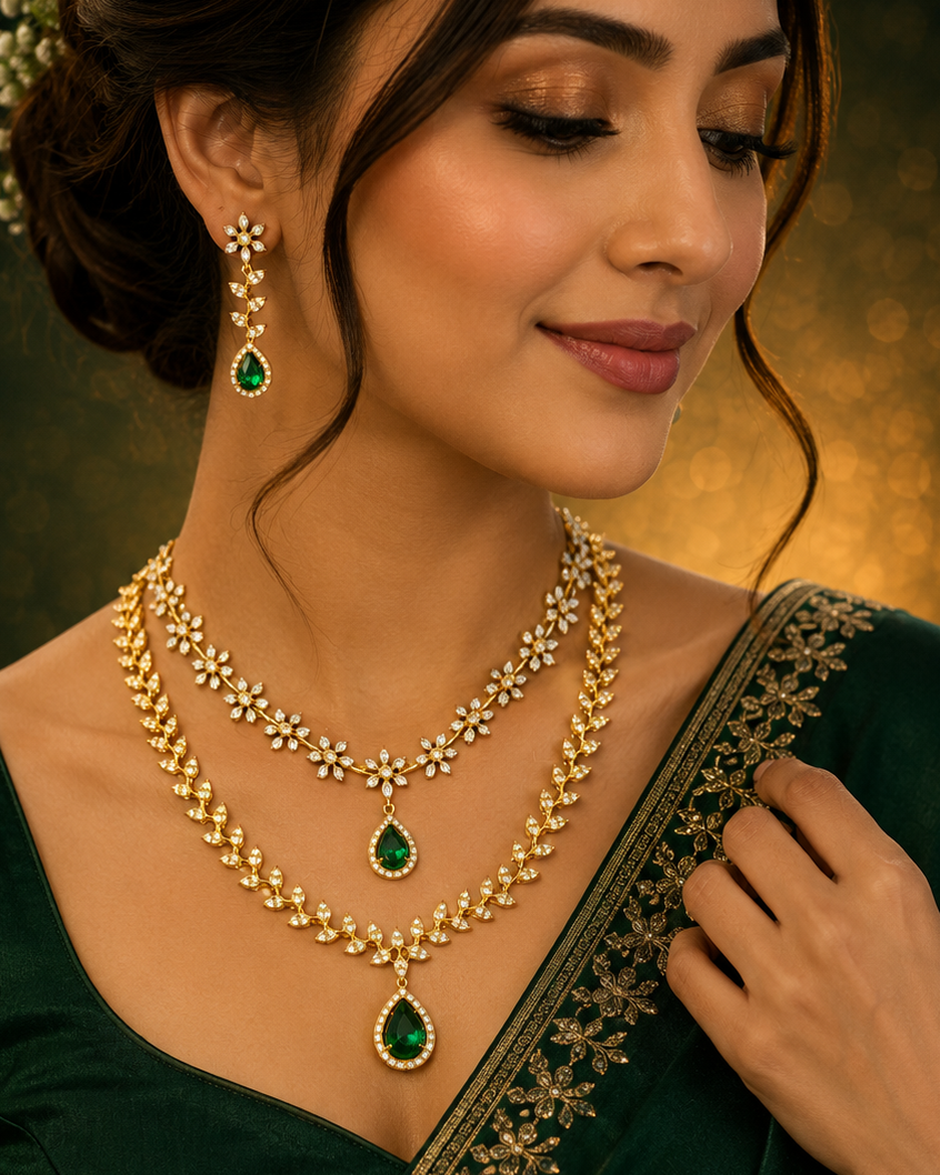Gold CZ Diamond Double Layer Floral Vine Necklace Set | LLB0272