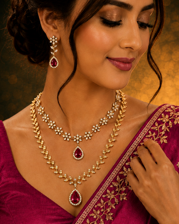 Gold CZ Diamond Double Layer Floral Vine Necklace Set | LLB0272