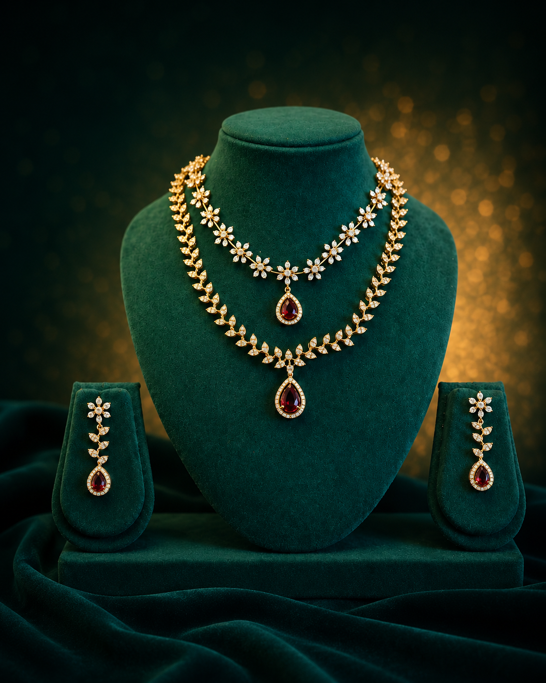 Gold CZ Diamond Double Layer Floral Vine Necklace Set | LLB0272