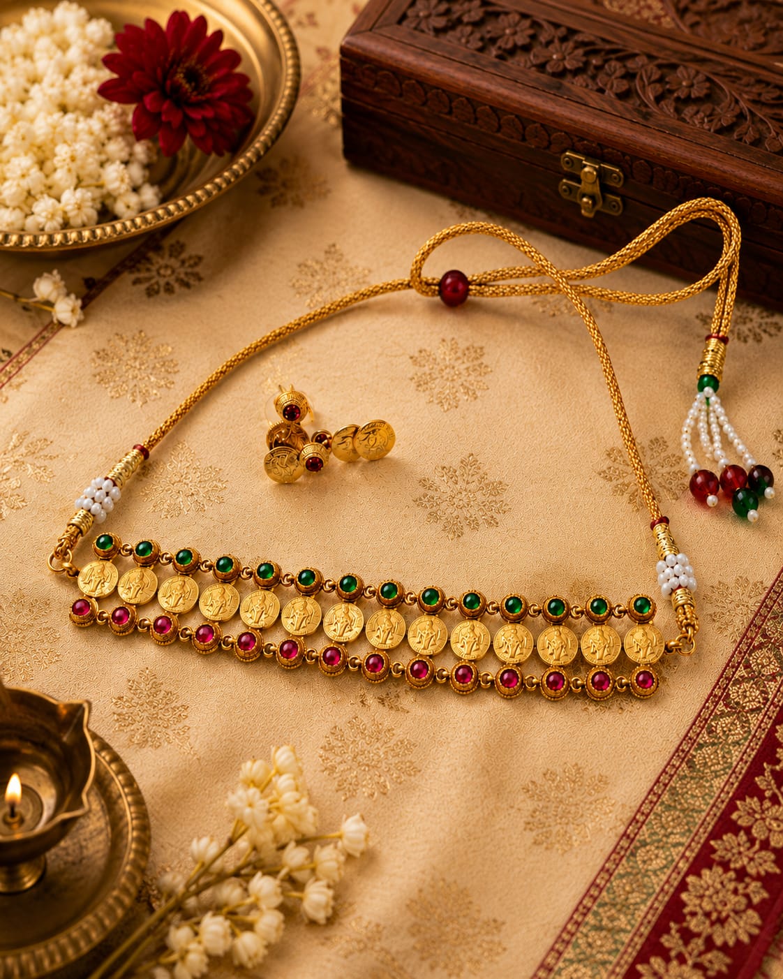 Gold Double Layer Kasu Coin Necklace on Gold Dori | LLB0274