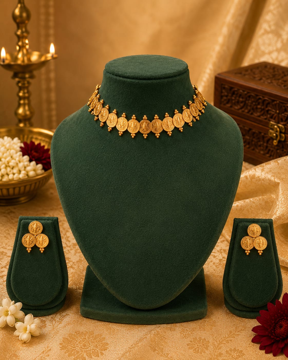 Gold Lakshmi Kasu Coin Choker Necklace Set | LLB0273